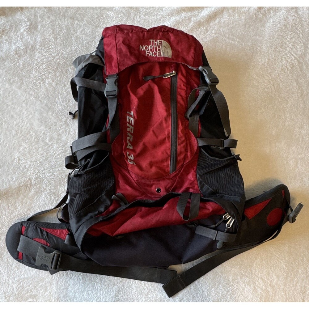 The North Face Terra 35 35L Hiking Backpack Hip Belt 5 Pocket Red Black Gray Bag